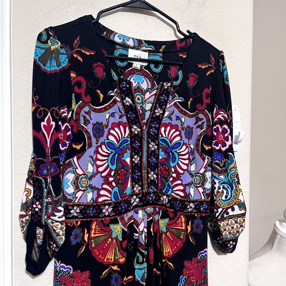 Eci New York Bohemian Dress Knee Length Sz 6 Multicolor V-Neck Beaded boho - Picture 2 of 9